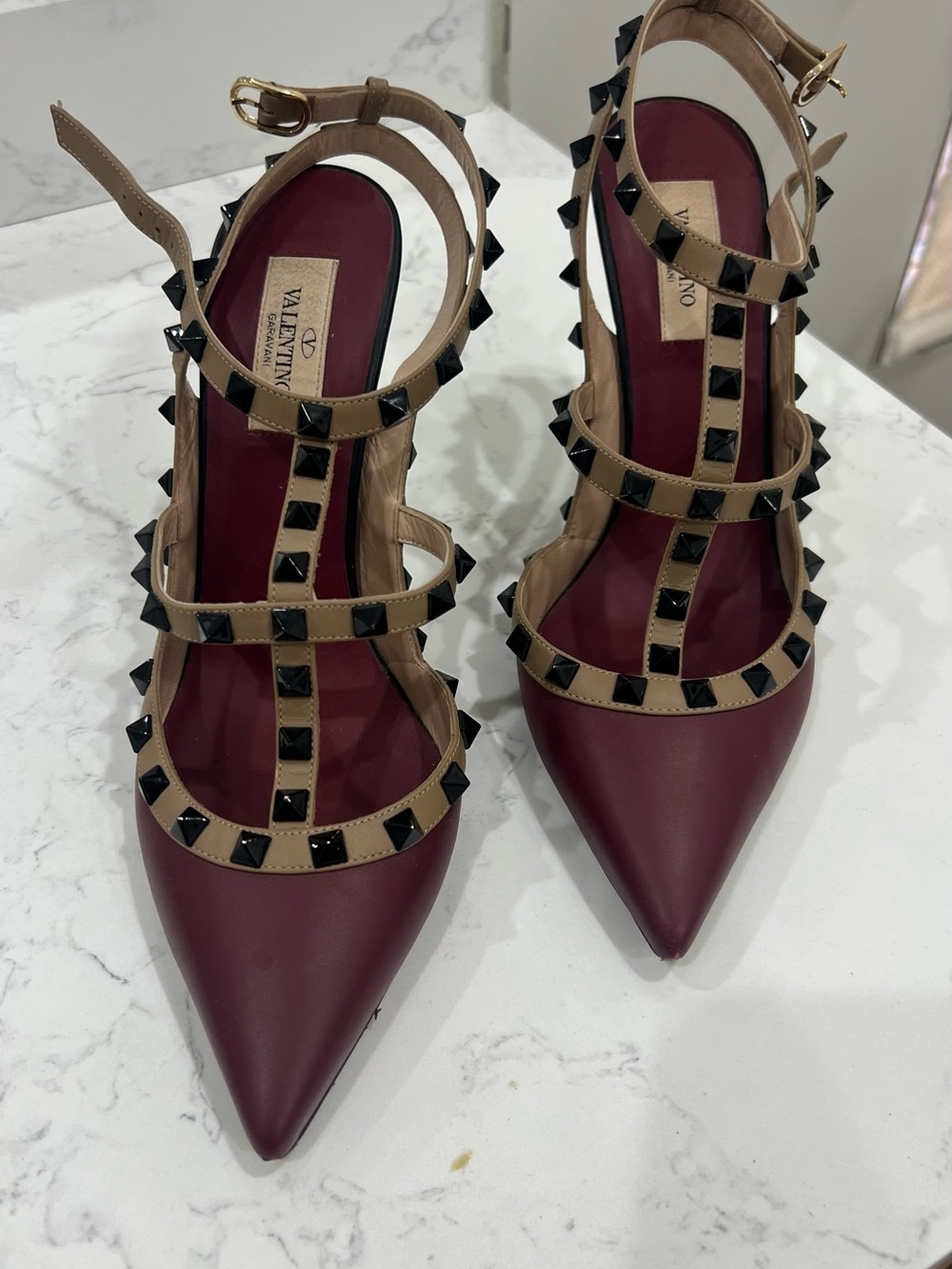 Valentino Burgundy and Tan Rockstud Strappy Pointed Pump